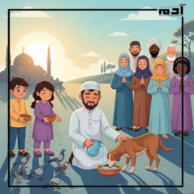 الاحتفال بالمولد النبوي الشريف في 10 وصايا 2 رجل يسقي كلبًا وأطفال يطعمون الطيور في مشهد إنساني