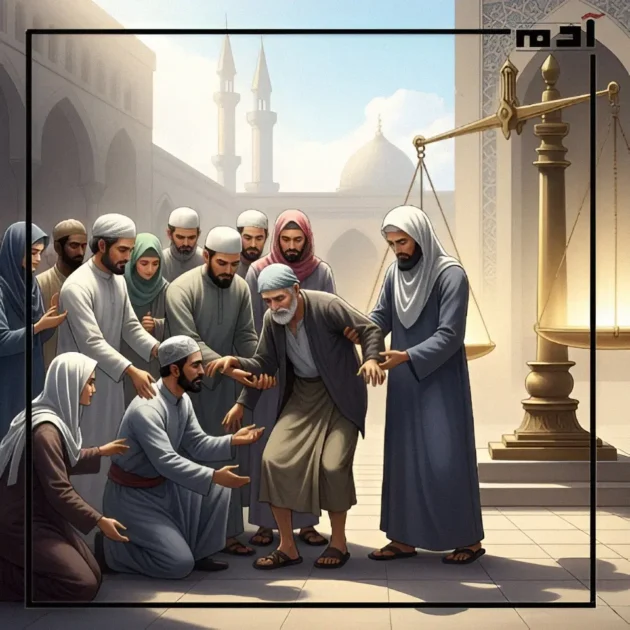 الاحتفال بالمولد النبوي الشريف في 10 وصايا 4 مسلمون يساعدون رجلًا فقيرًا على النهوض مع رمز ميزان العدل