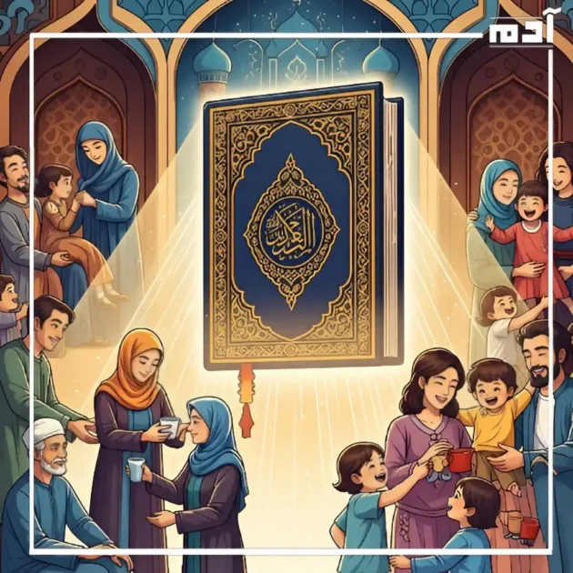 الاحتفال بالمولد النبوي الشريف في 10 وصايا 3 كتاب مضيء تحيط به صور رمزية للتعاون والعطاء