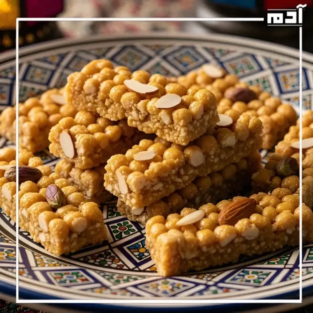 طبق حلوى الحمصية المصرية يظهر ملمسها الطبيعي ولونها الذهبي البني.