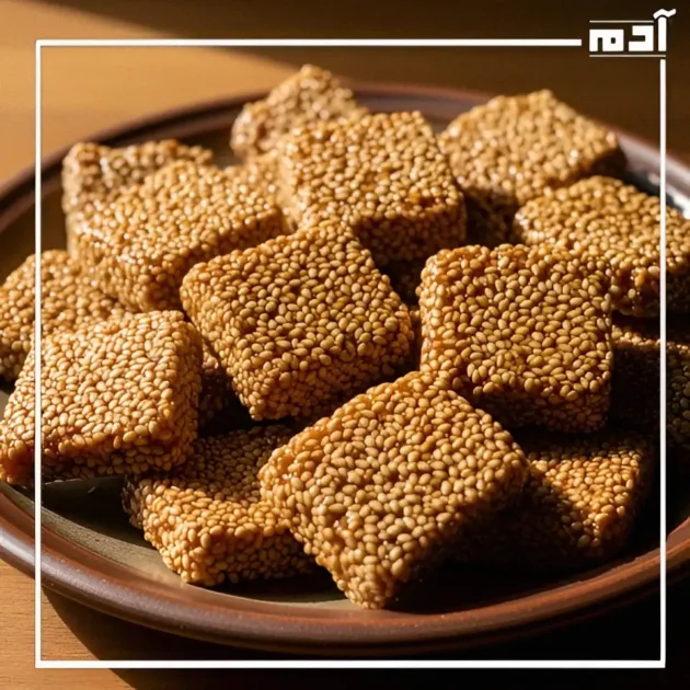 طبق السمسمية المصرية يظهر ملمس الحلوى الطبيعي وحبوب السمسم الذهبية ولمعة العسل الخفيفة