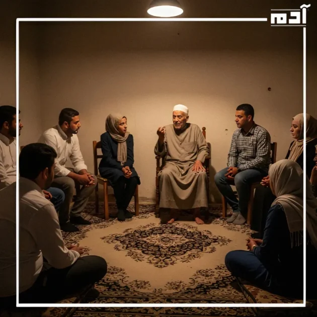 مجموعة من المسلمين في بيت مصري بسيط يتحدثون عن السيرة النبوية والاحتفال الصحيح بالمولد النبوي الشريف.