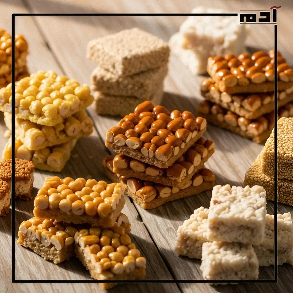 مجموعة من حلويات المولد المصرية المصنوعة منزليًا، تظهر ملمسها الطبيعي وألوانها الحقيقية