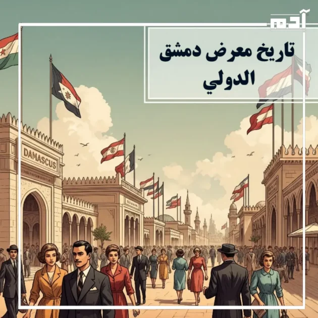 رسم فني تاريخي يوضح معرض دمشق الدولي في خمسينات القرن الماضي