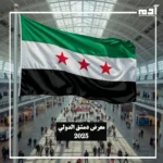 صورة للمعرض الدولي في دمشق 2025، يظهر العلم والزوار والأجنحة والأنشطة الثقافية والتجارية