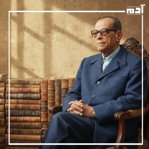 صورة لنجيب محفوظ وخلفه كتب بلغات مختلفة ترمز لوصول الأدب العربي عالميًا
