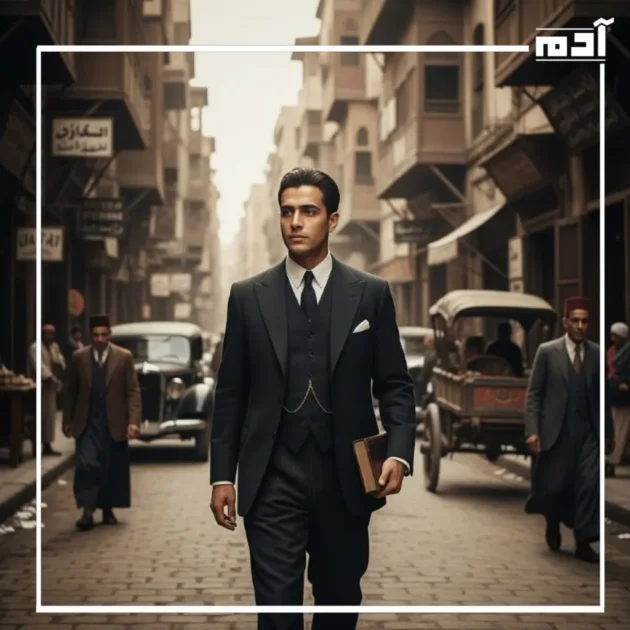 نجيب محفوظ يسير في حي الجمالية في شبابه حيث نشأ وتأثر بالأحداث السياسية