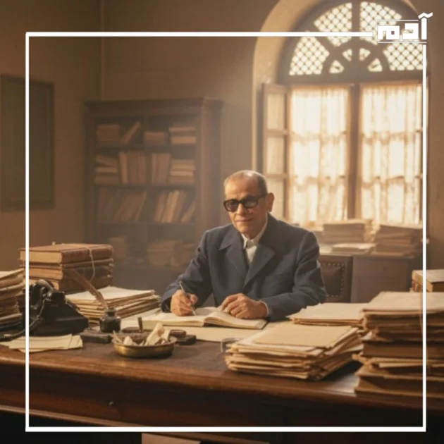 نجيب محفوظ يجلس وسط الأوراق والملفات في مكتبه الحكومي