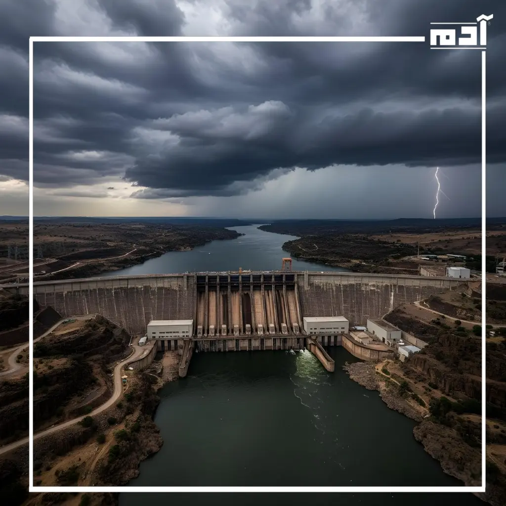صورة جوية لسد النهضة مع الغيوم الملبدة ترمز للأزمة المائية والبيئية في السودان
